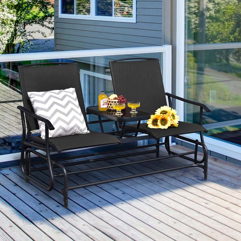 2-Person Outdoor Bench Glider Chair With Center Table, Mesh Fabric, 57 x 28 x 38 in