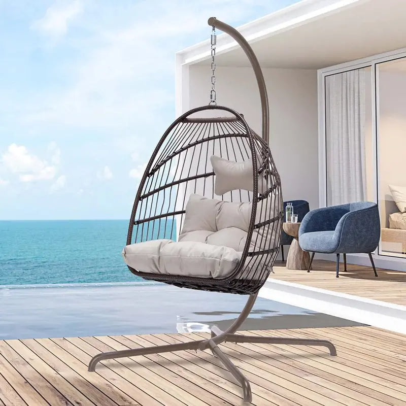 Nicesoul Foldable PE Wicker Hanging Egg Chair With Stand, Cushion And Pillow, 350 lb - Brown