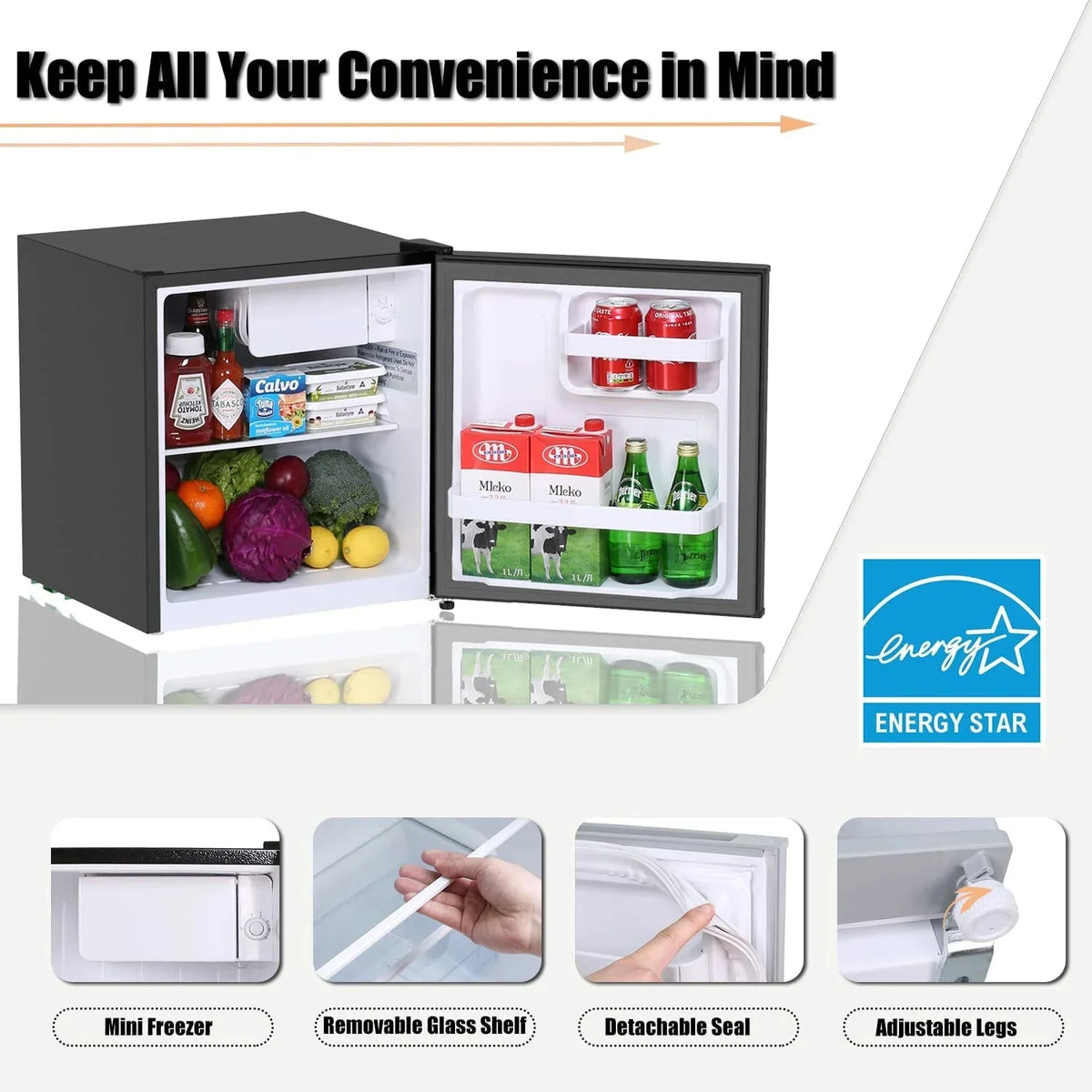 Frestec Compact Mini Refrigerator With Freezer, 1.6 Cu.Ft