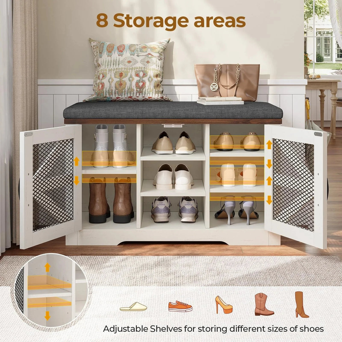 Farmhouse Shoe Storage Bench With Cushion, 31.4in, Metal Barn Door, Old White
