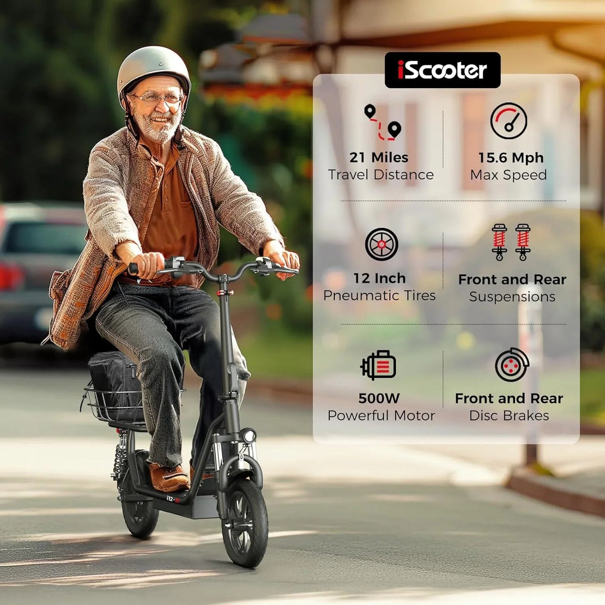 iScooter Electric Scooter With Seat, 500W, 21 Miles, 15.6 mph - i12