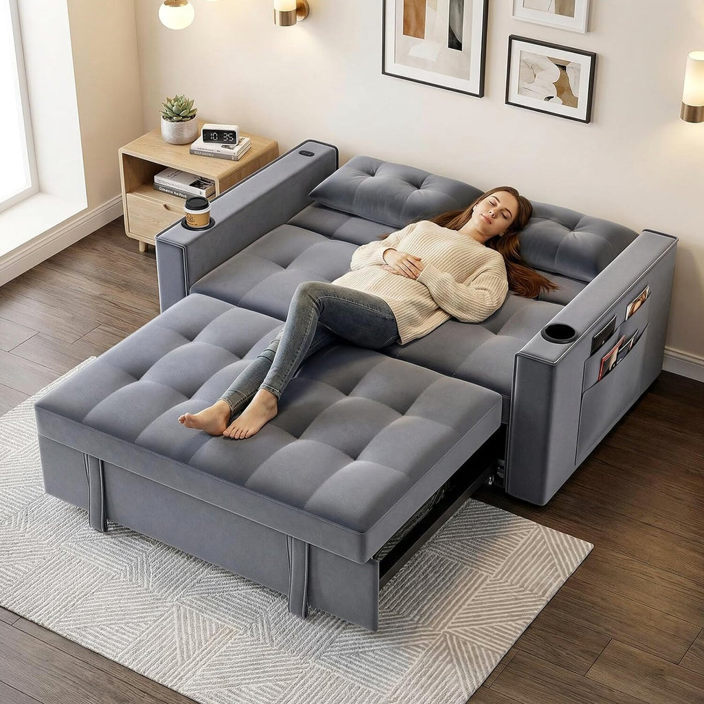 3-in-1 Pull-Out Sofa Bed With Charging Station, Cup Holder And Side Storage - 70in Grey