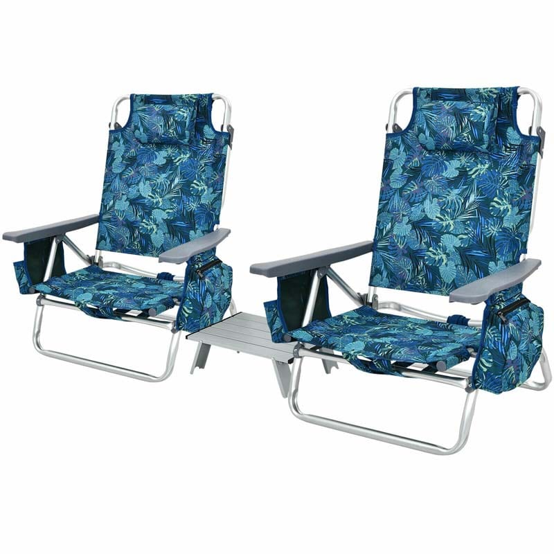 2-Pack 5-Position Outdoor Folding Backpack Beach Chairs With Side Table Set