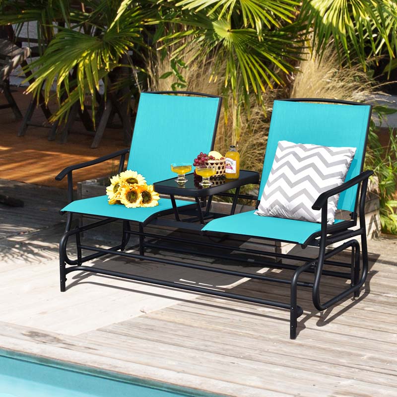 2-Person Outdoor Bench Glider Chair With Center Table, Mesh Fabric, 57 x 28 x 38 in