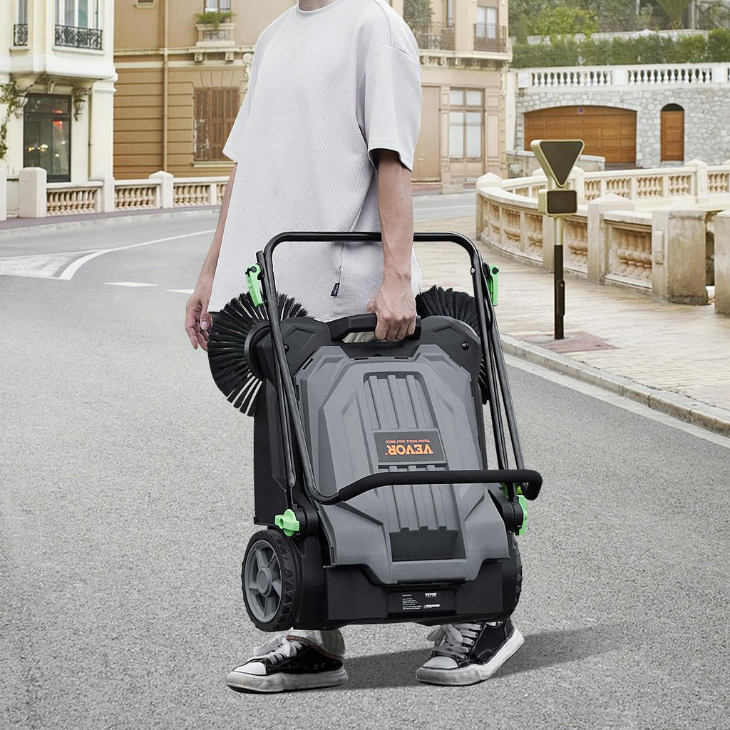 Walk-Behind Hand Push Floor Sweeper, 25.6-Inch Sweeping Path, 5-Gallon Waste Container