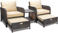 LEVELEVE 5 Piece Patio Conversation Set With PE Wicker Rattan, Cushions, 2 Ottomans And Glass Table