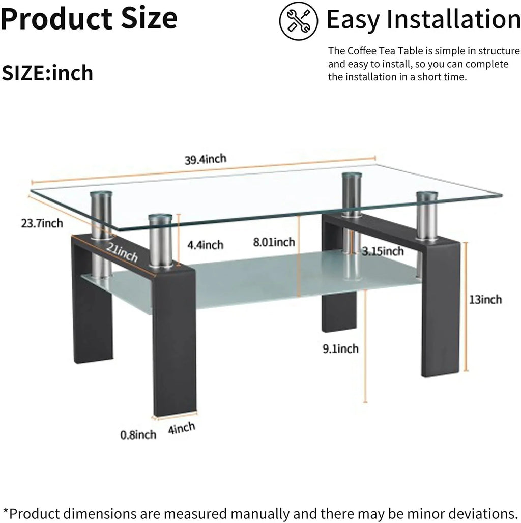 SEGMART Glass Coffee Table With Lower Shelf, 39.4 x 24 x 17.7 in - L5509