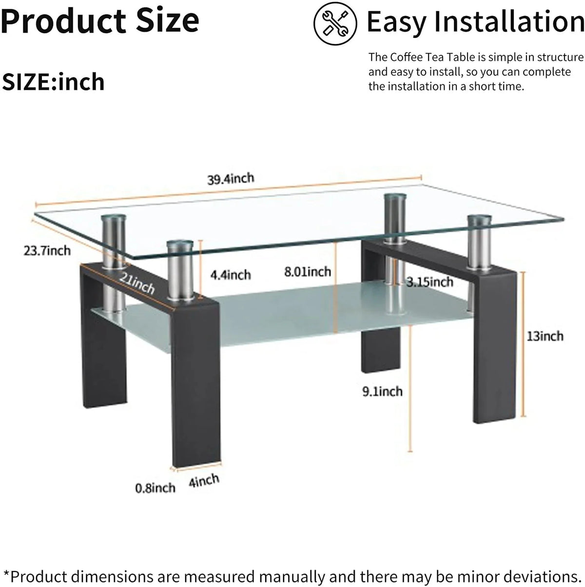 SEGMART Glass Coffee Table With Lower Shelf, 39.4 x 24 x 17.7 in - L5509