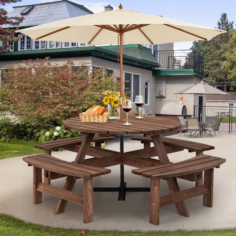 8-Person Outdoor Fir Wood Round Picnic Table Set With 4 Benches And Umbrella Hole - 70.5 x 70.5 x 27.5 in