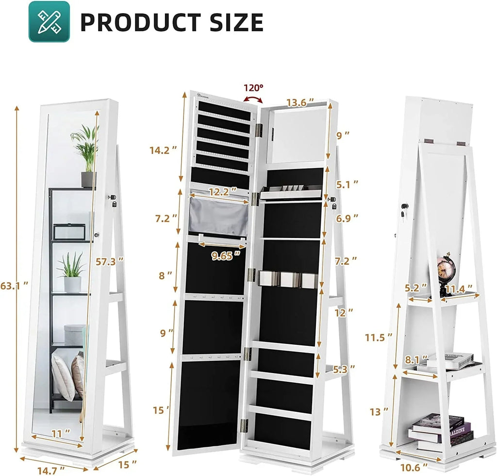 Dextrus 360 Degree Swivel Lockable Jewelry Cabinet With Full-Length Mirror And Rear Storage Shelves - White