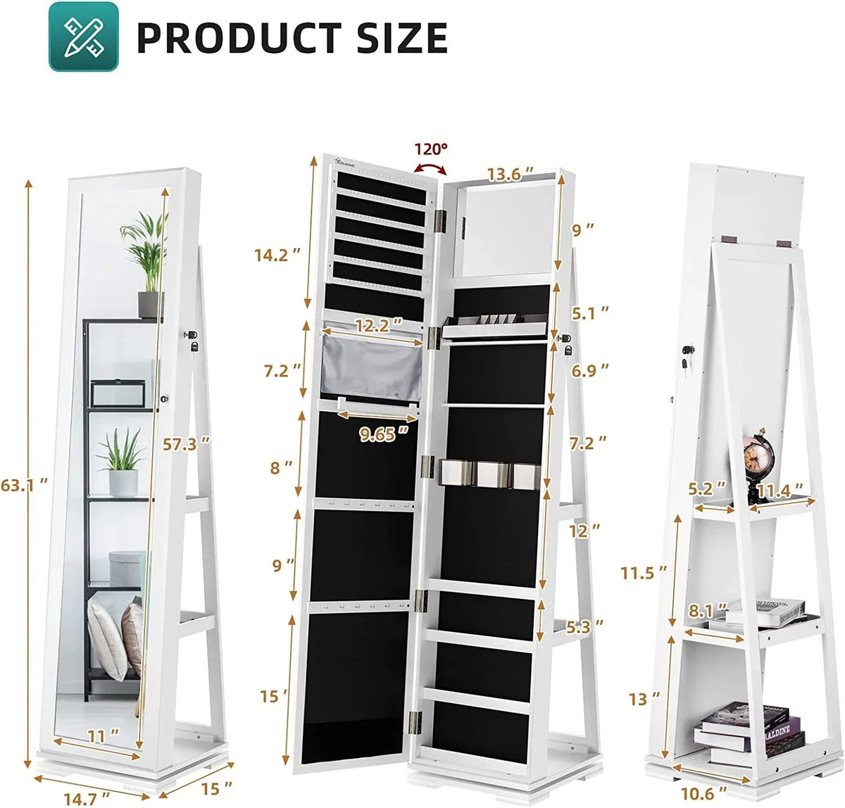 Dextrus 360 Degree Swivel Lockable Jewelry Cabinet With Full-Length Mirror And Rear Storage Shelves - White