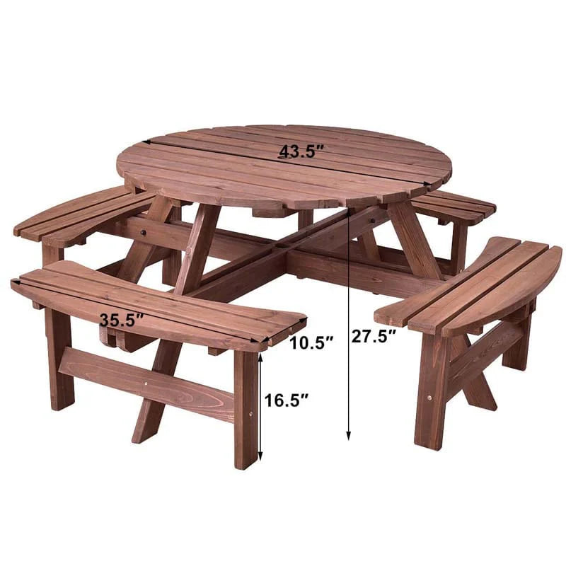 8-Person Outdoor Fir Wood Round Picnic Table Set With 4 Benches And Umbrella Hole - 70.5 x 70.5 x 27.5 in