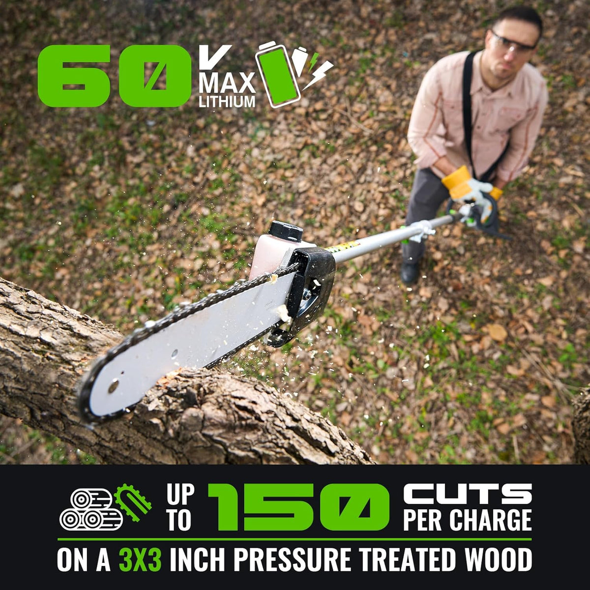 60V Cordless Pole Saw With 15 FT Reach, 10 Inch Guide Bar And 2.5AH Battery
