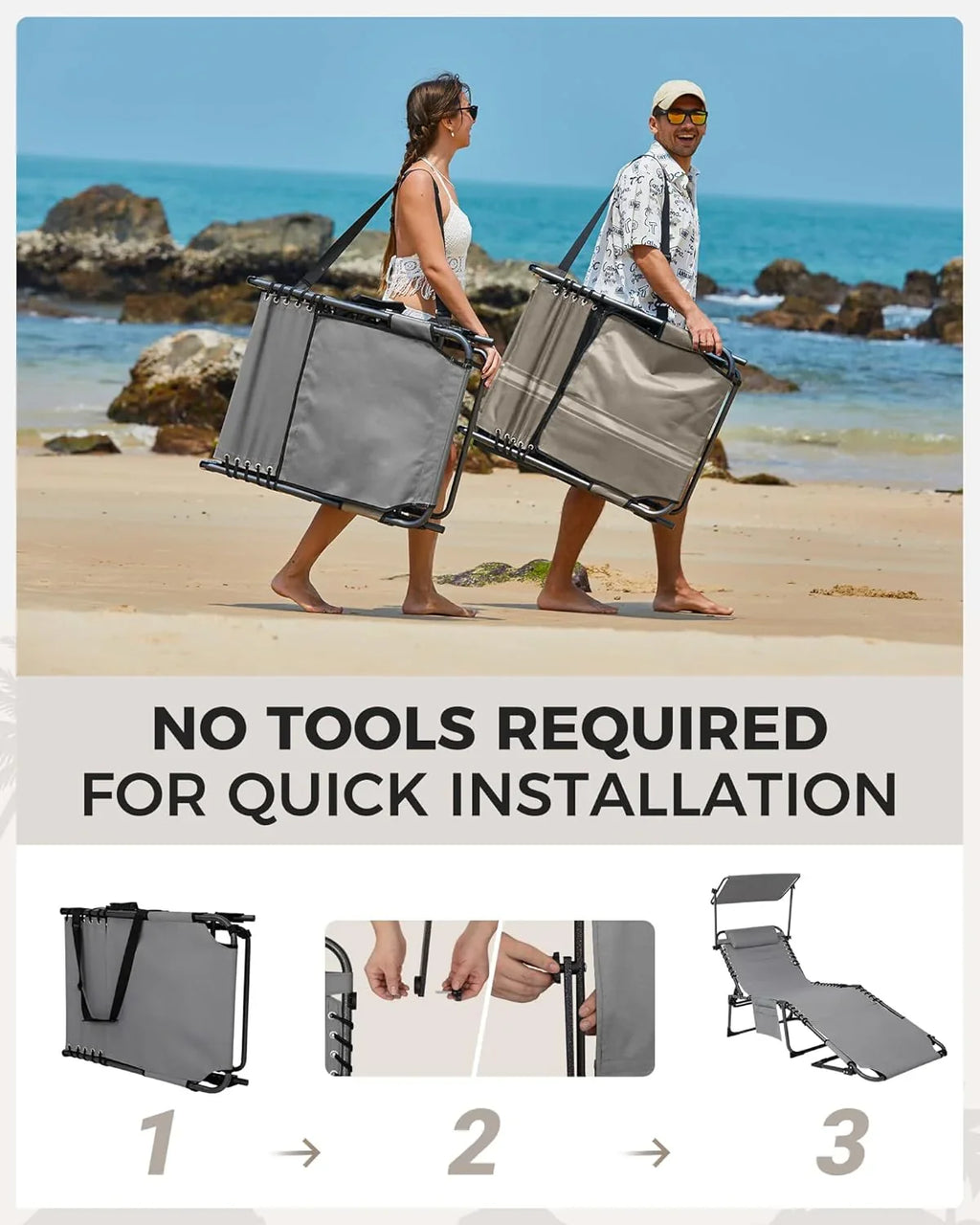 2-Seater Outdoor Folding Sun Chair With Facial Opening, Sunshade, Gray