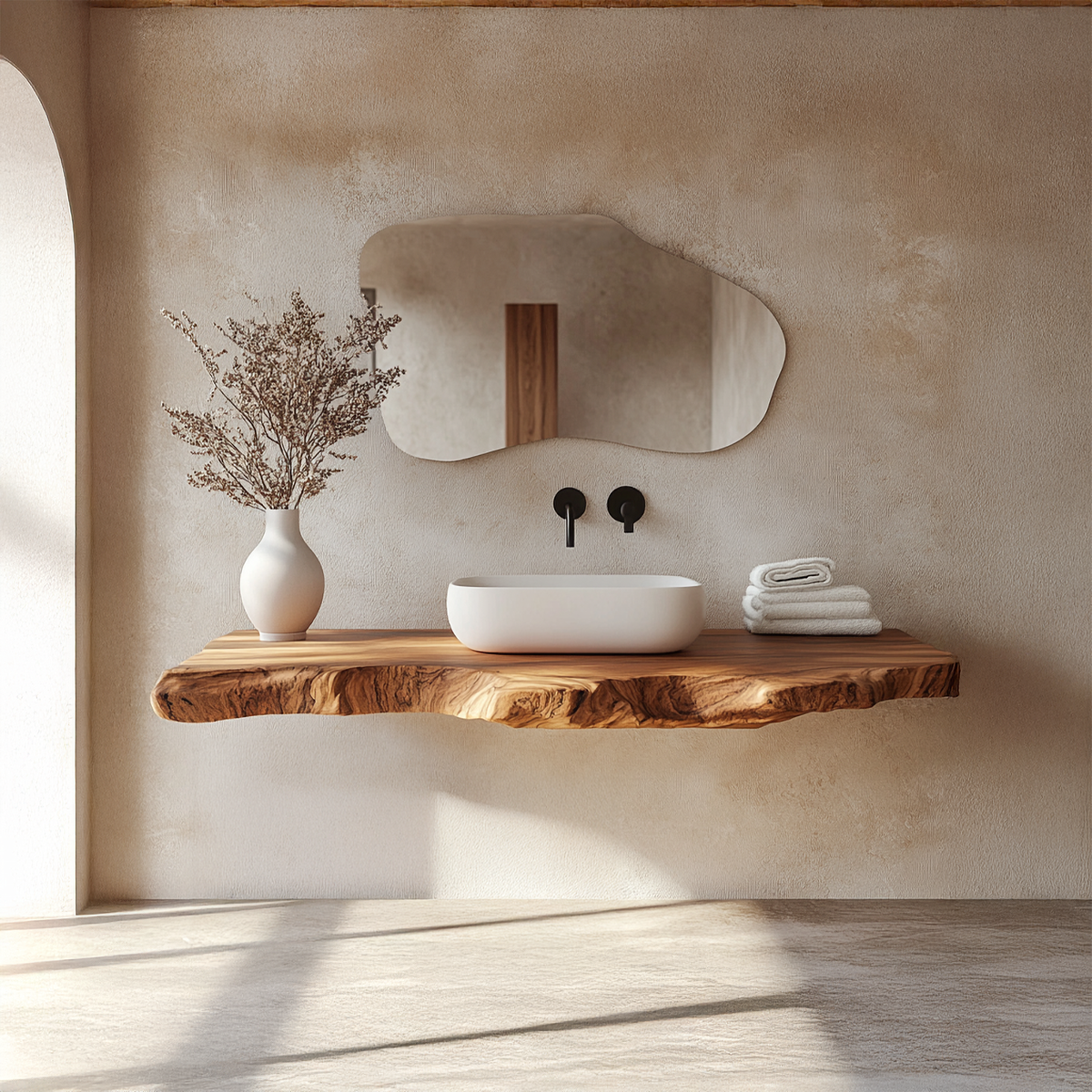 Contemporary Spa Bathroom Vanity Floating Live Edge Wood Counter - view 3