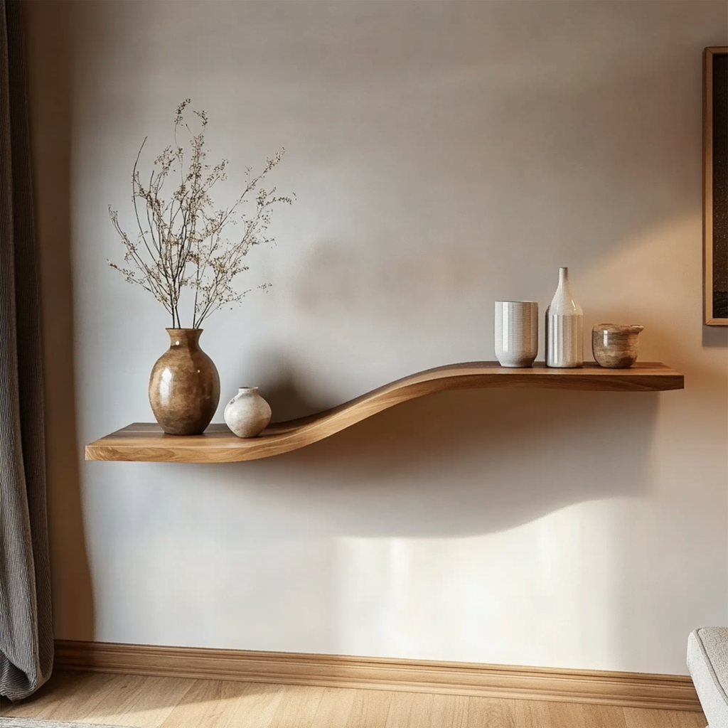 Curved Solid Wood Wall Shelf Minimal Organic Interior Decor - view 3