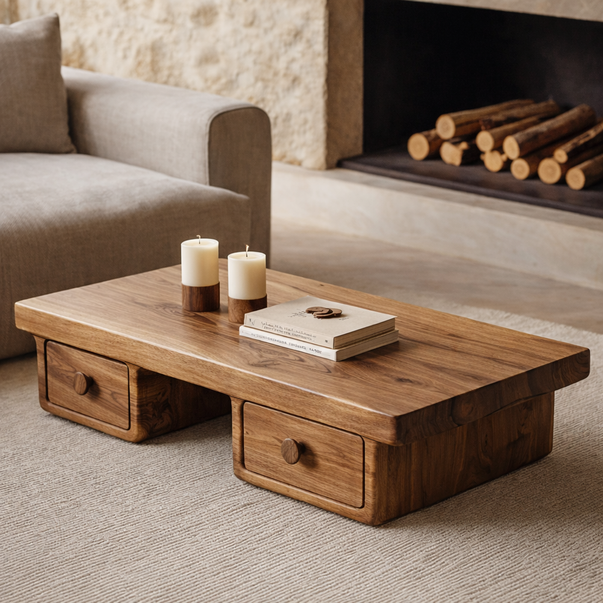 Compact Storage Solid Wood Coffee Table Cozy Living Room Interior - view 3
