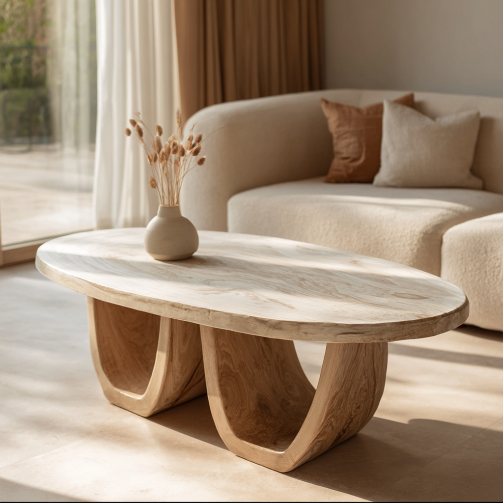 Elegant Oval Solid Wood Coffee Table Sculptural Twin Base Calm Modern Living Room Interior - view 3