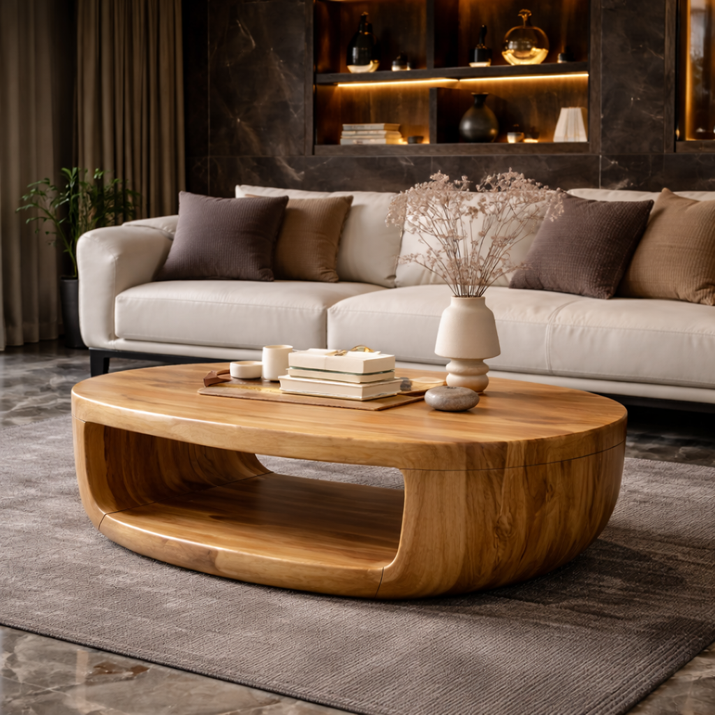 Curved Shell Solid Wood Coffee Table Calm Contemporary Living Room Interior
