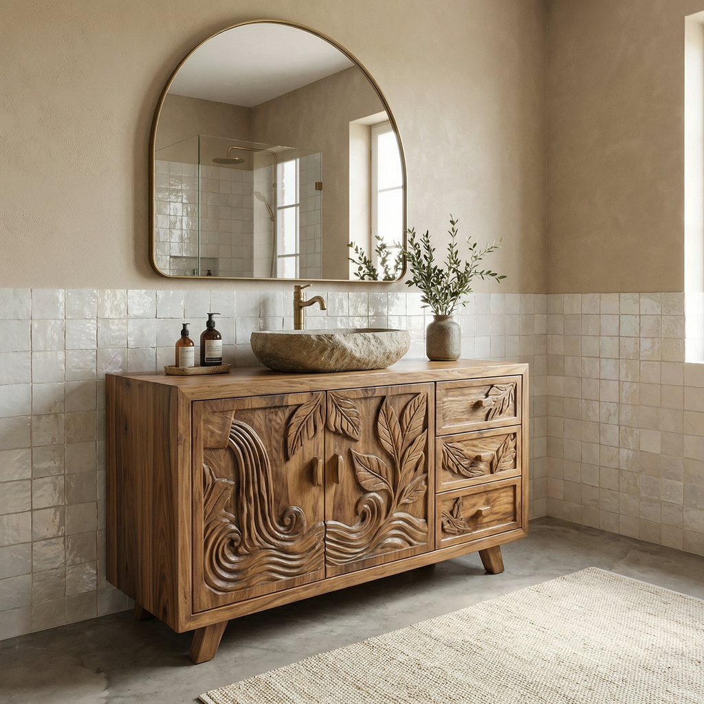 Bohemian Solid Wood Bathroom Vanity Leaf Carved Storage Cabinet - view 3