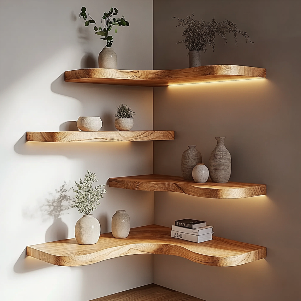 Corner Solid Wood Floating Shelves Organic Layered Wall Display Interior Decor - view 3