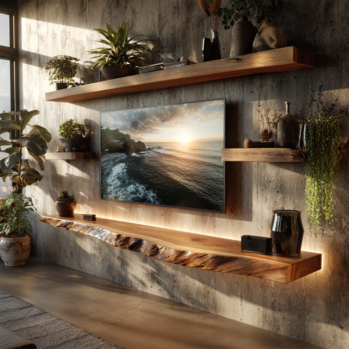 Artistic Live Edge Floating TV Shelf Solid Wood Living Room Interior Signature Furniture - view 3