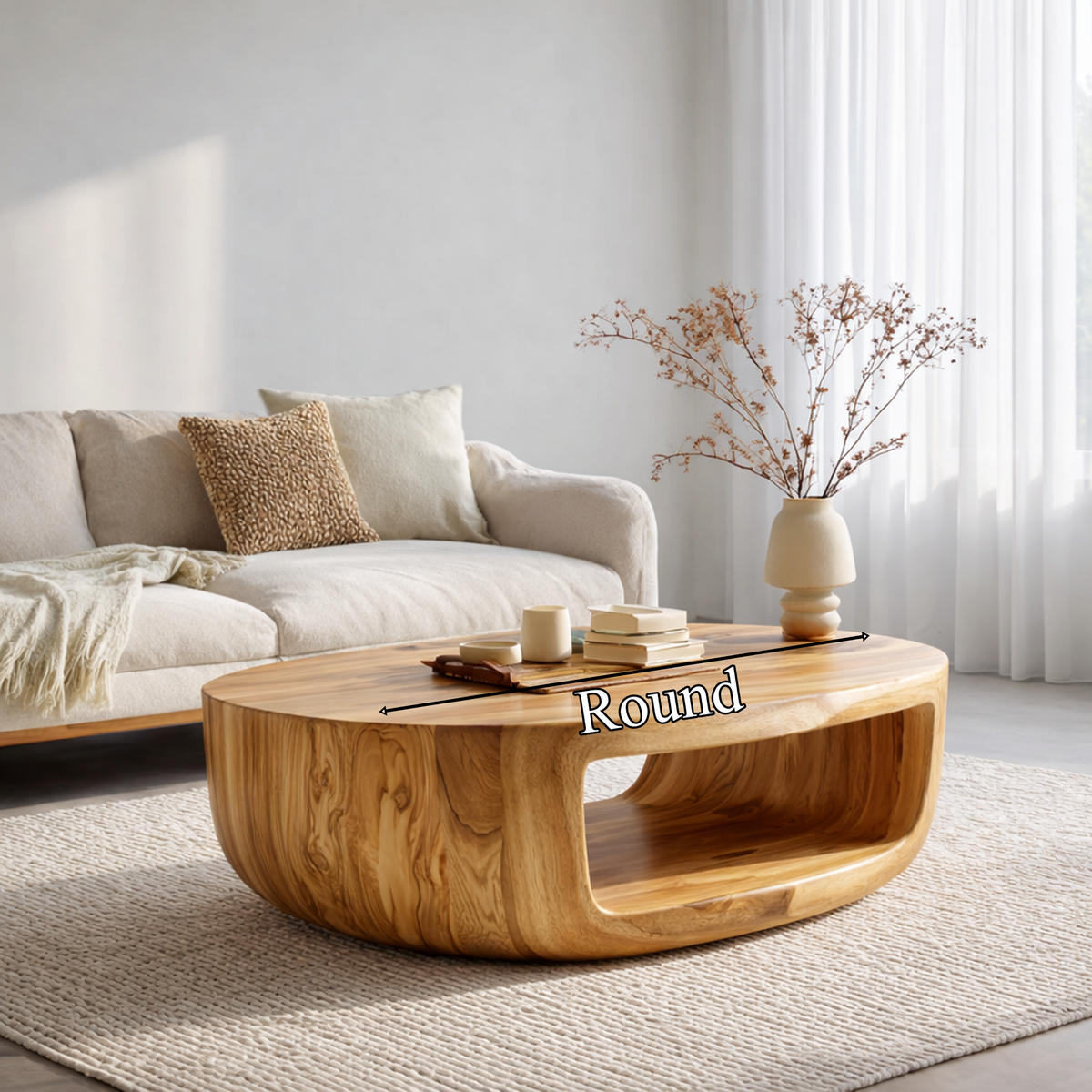 Curved Shell Solid Wood Coffee Table Calm Contemporary Living Room Interior - view 6