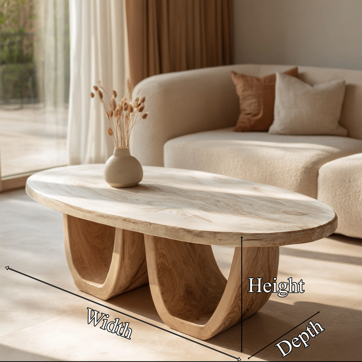 Elegant Oval Solid Wood Coffee Table Sculptural Twin Base Calm Modern Living Room Interior - view 6
