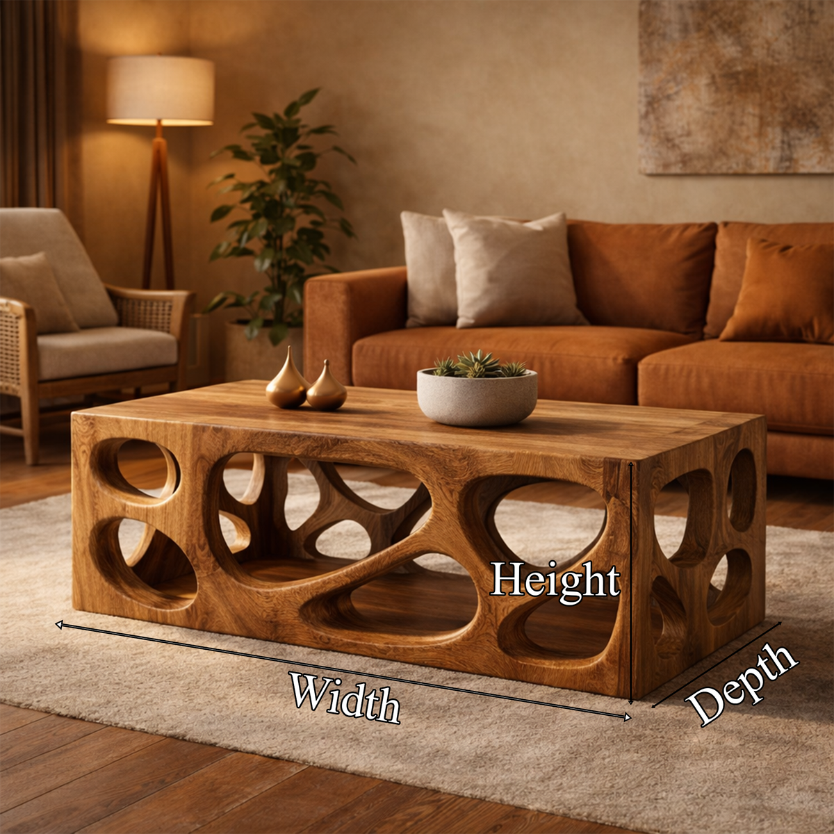Architectural Carved Solid Wood Coffee Table Organic Void Design Statement Living Room - view 6