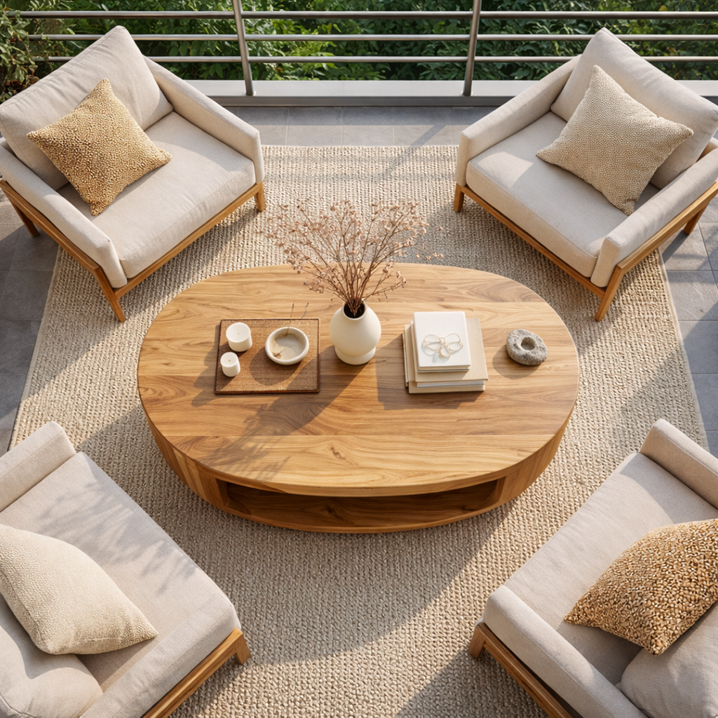 Curved Shell Solid Wood Coffee Table Calm Contemporary Living Room Interior - view 4