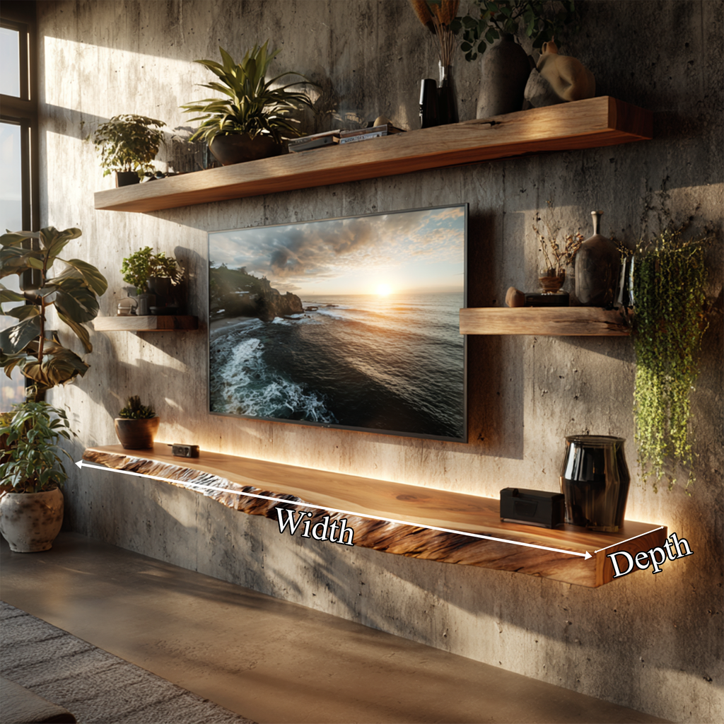 Artistic Live Edge Floating TV Shelf Solid Wood Living Room Interior Signature Furniture - view 4