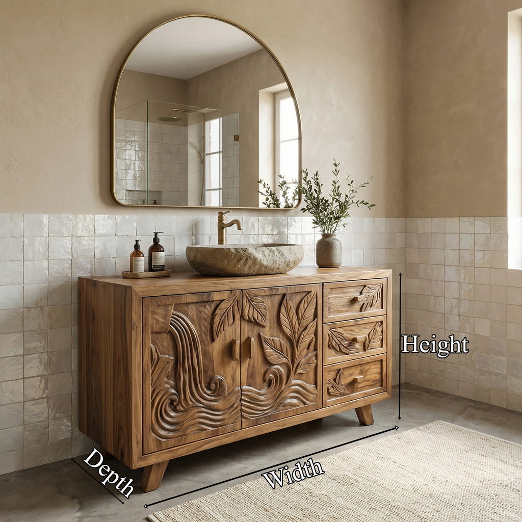 Bohemian Solid Wood Bathroom Vanity Leaf Carved Storage Cabinet - view 6
