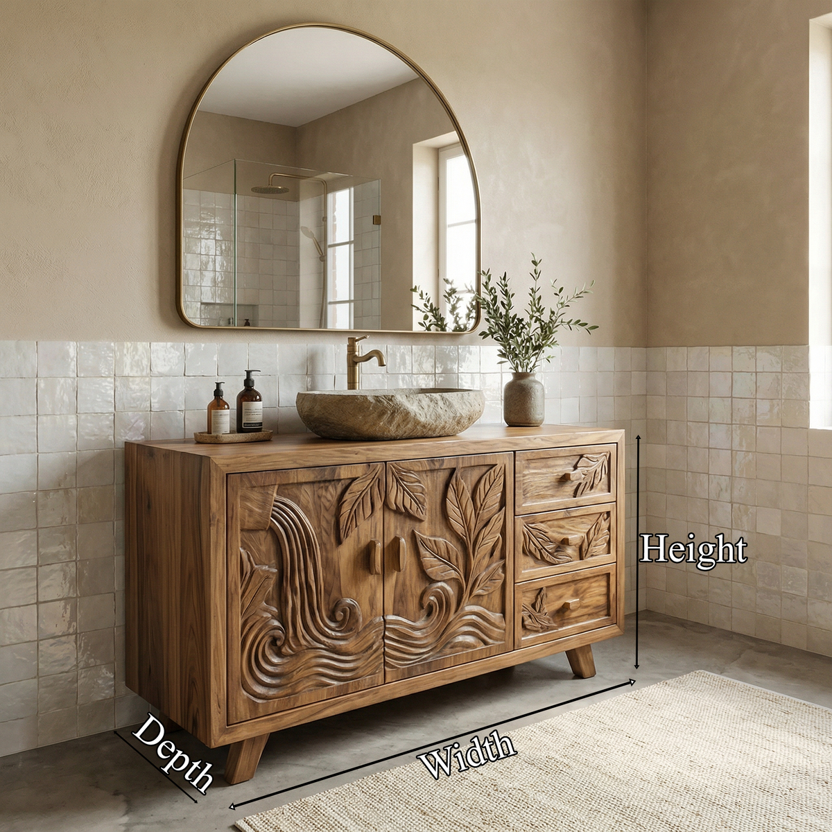 Bohemian Solid Wood Bathroom Vanity Leaf Carved Storage Cabinet - view 6