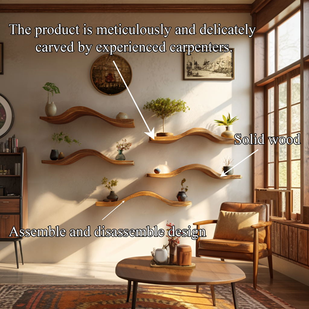 Curved Solid Wood Floating Shelves Organic Modern Living Room Interior - view 4