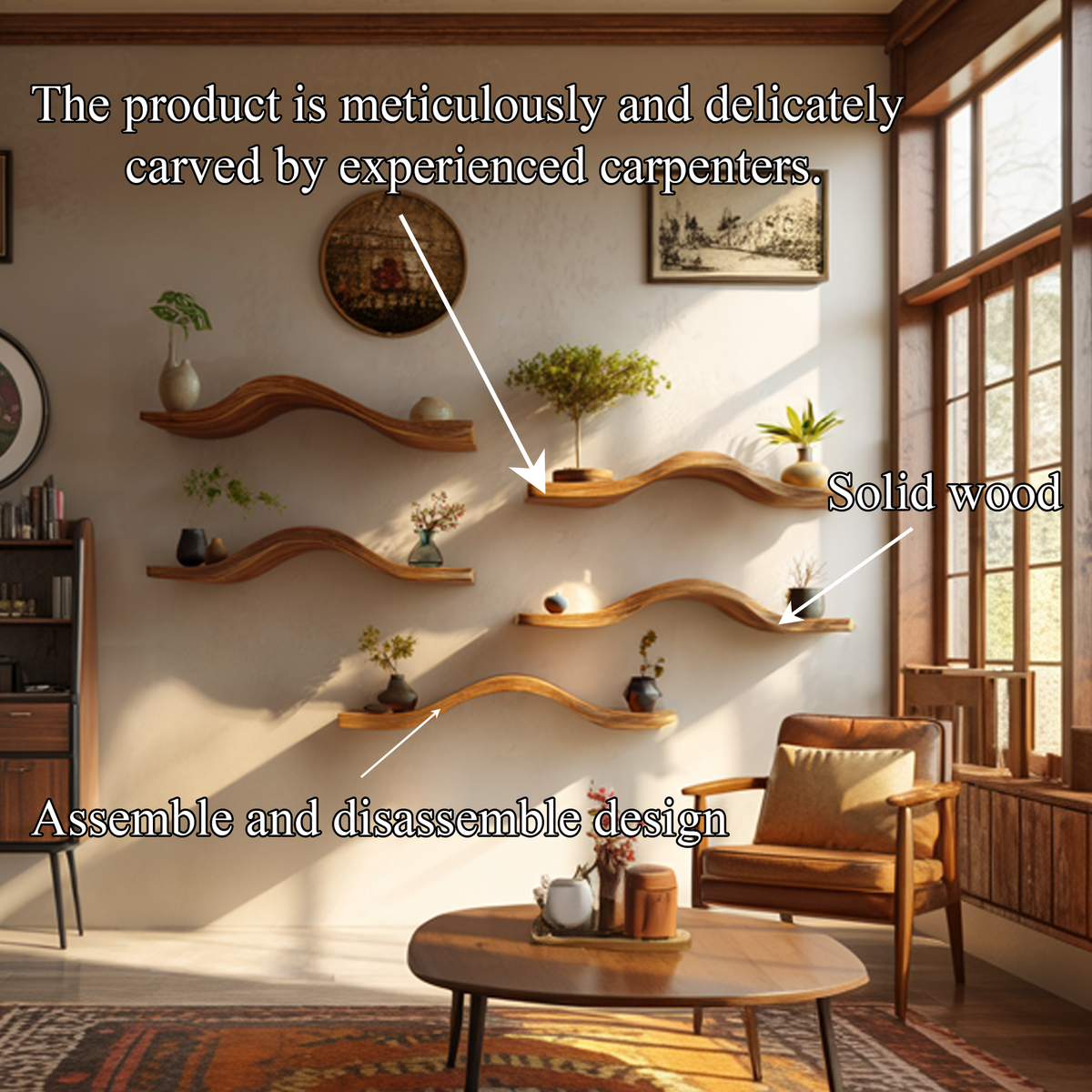 Curved Solid Wood Floating Shelves Organic Modern Living Room Interior - view 4