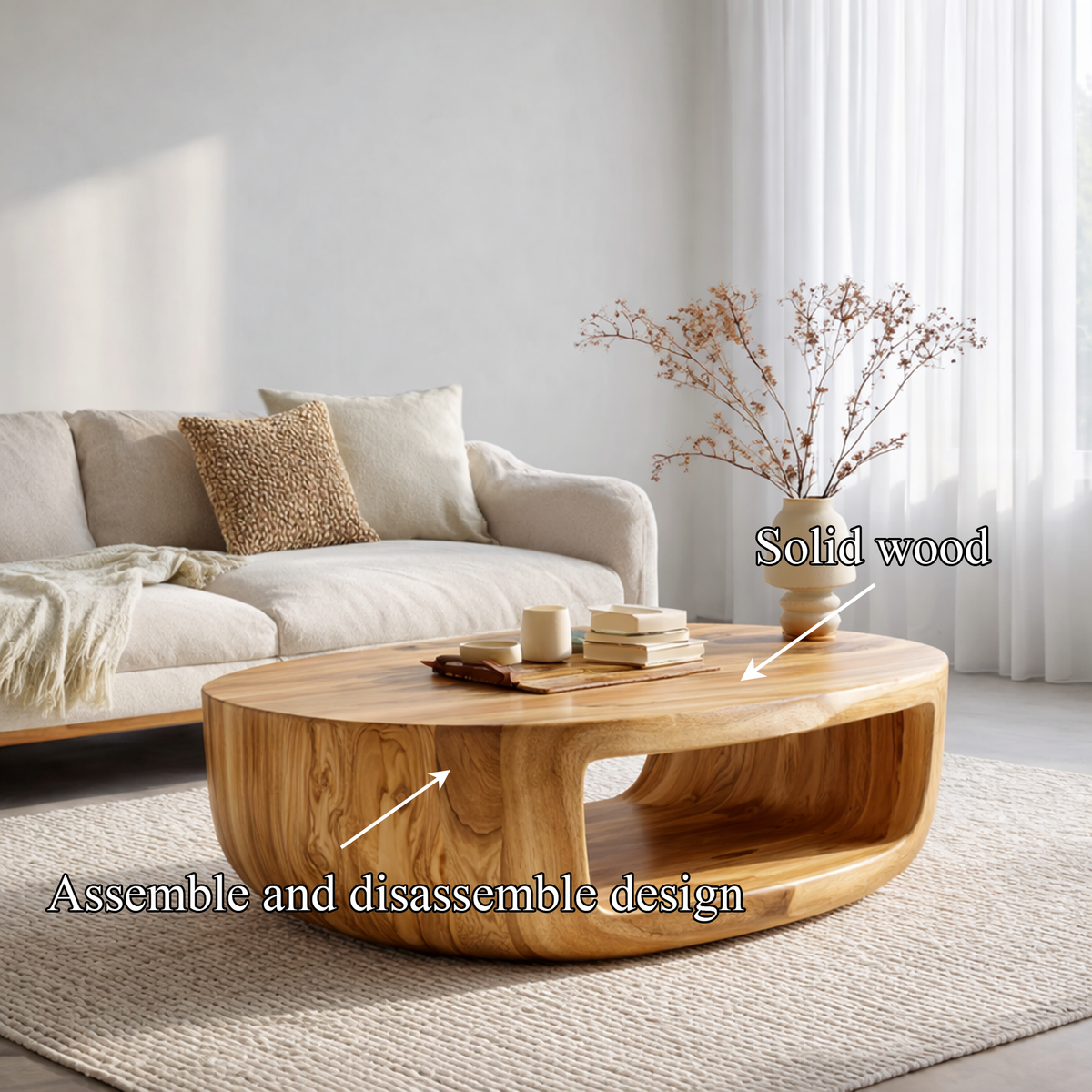 Curved Shell Solid Wood Coffee Table Calm Contemporary Living Room Interior - view 5