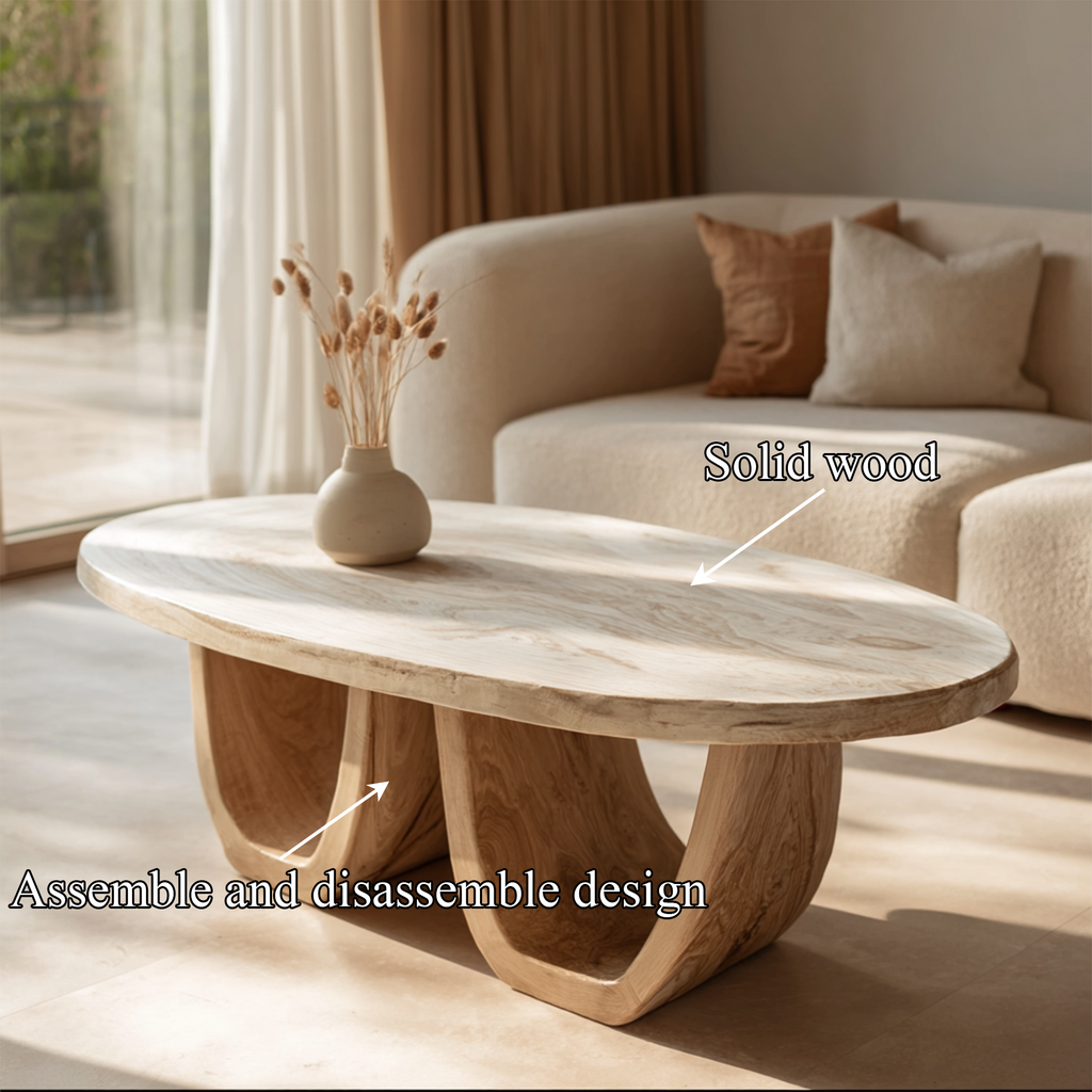 Elegant Oval Solid Wood Coffee Table Sculptural Twin Base Calm Modern Living Room Interior - view 5