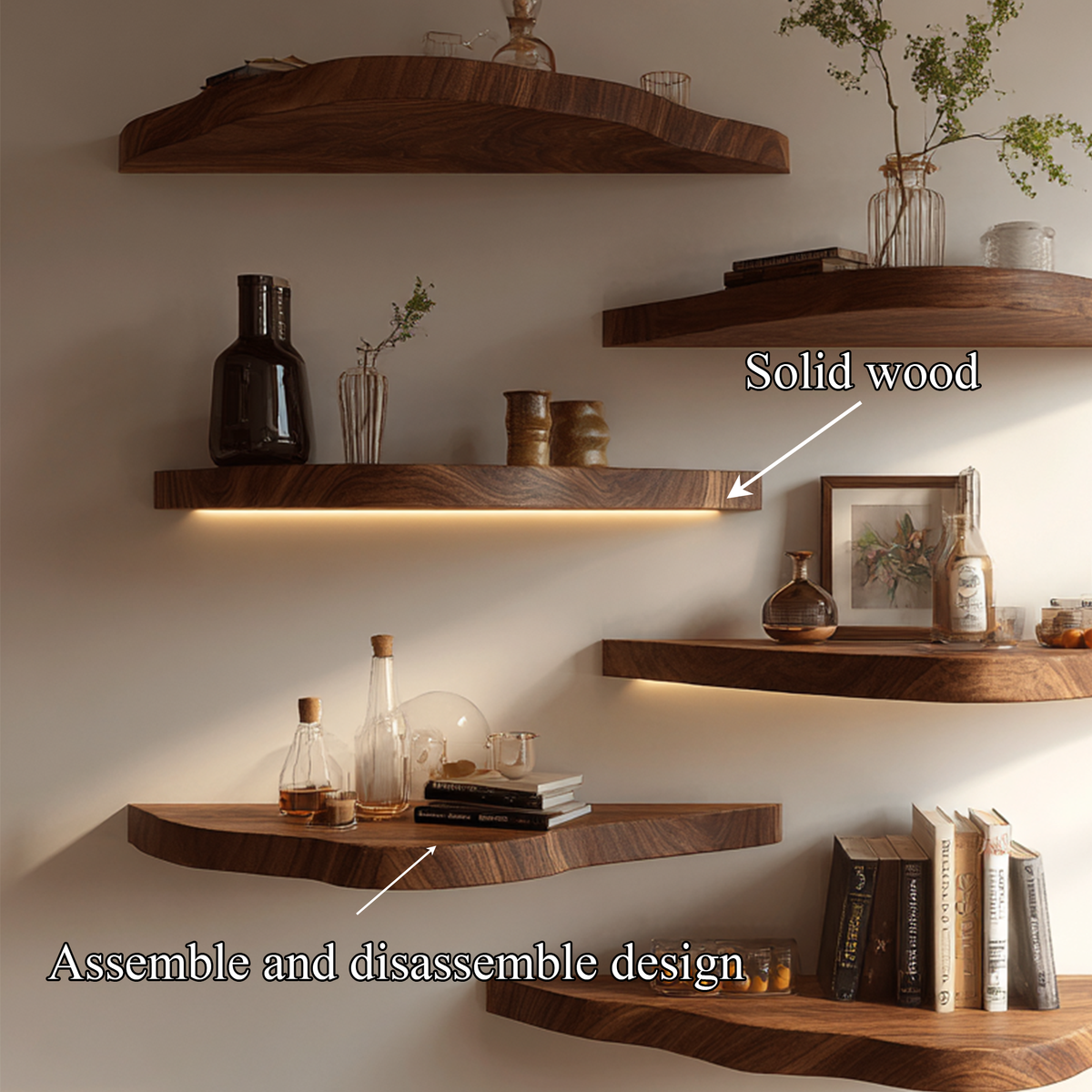 Asymmetrical Solid Wood Floating Shelves Organic Wall Display Interior Decor