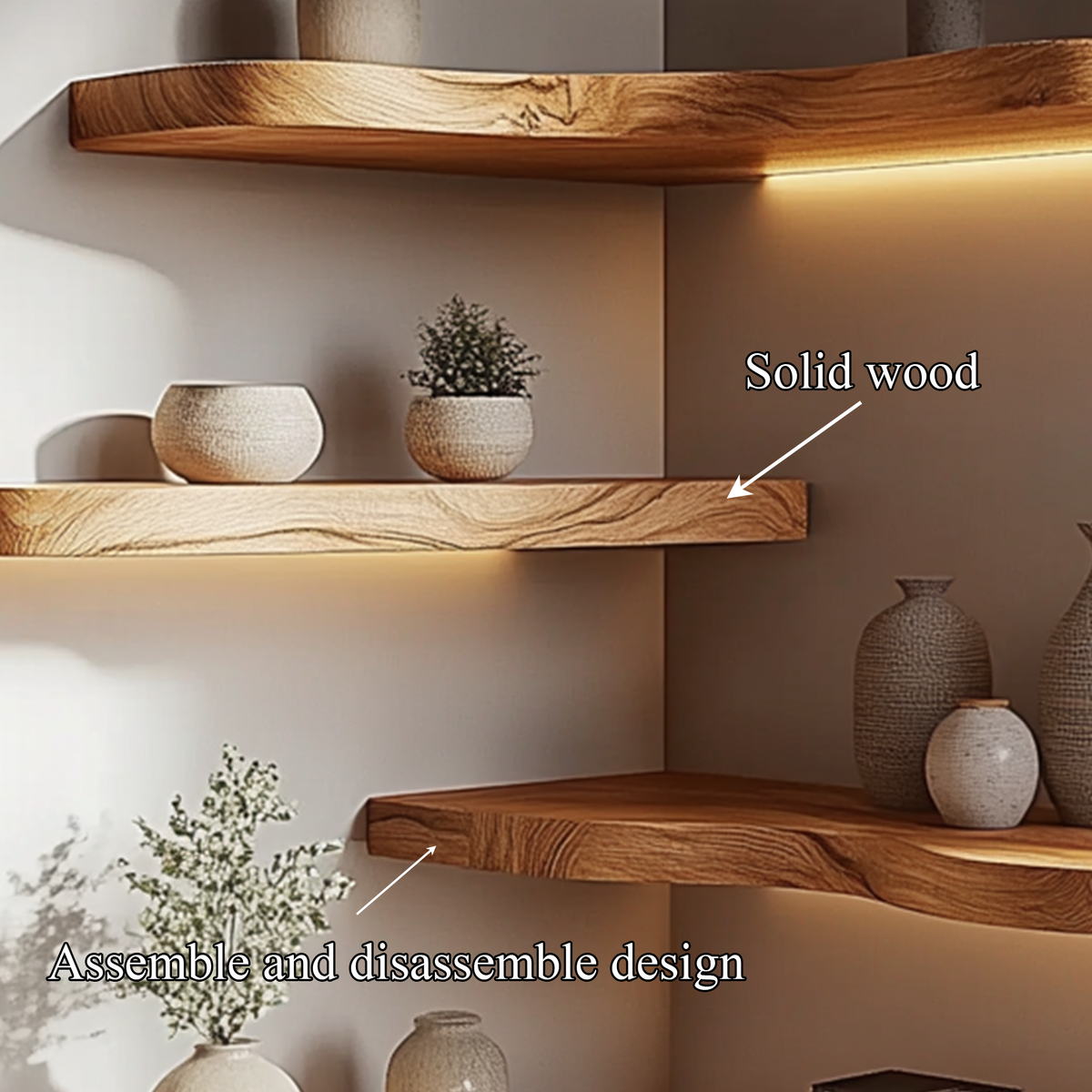 Corner Solid Wood Floating Shelves Organic Layered Wall Display Interior Decor