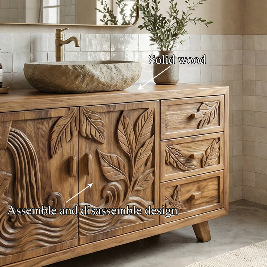 Bohemian Solid Wood Bathroom Vanity Leaf Carved Storage Cabinet - view 5