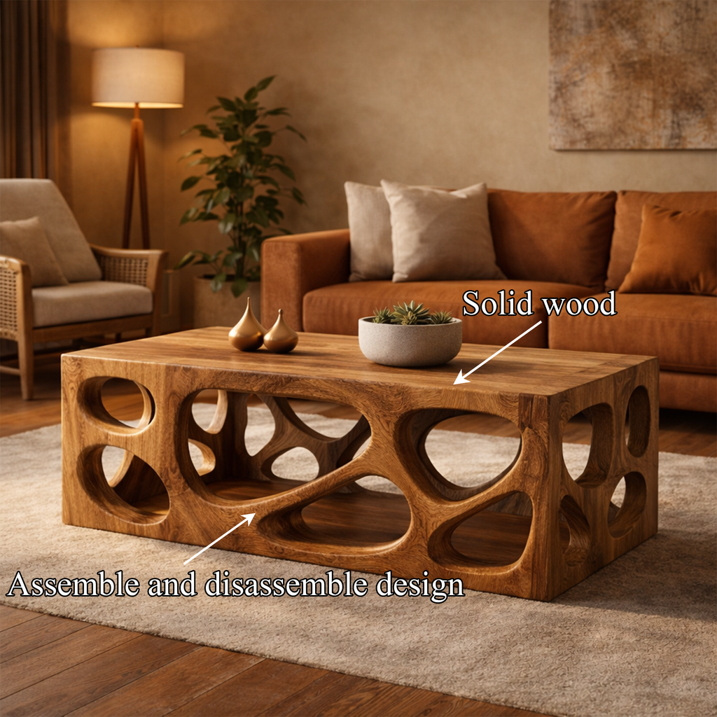 Architectural Carved Solid Wood Coffee Table Organic Void Design Statement Living Room - view 5