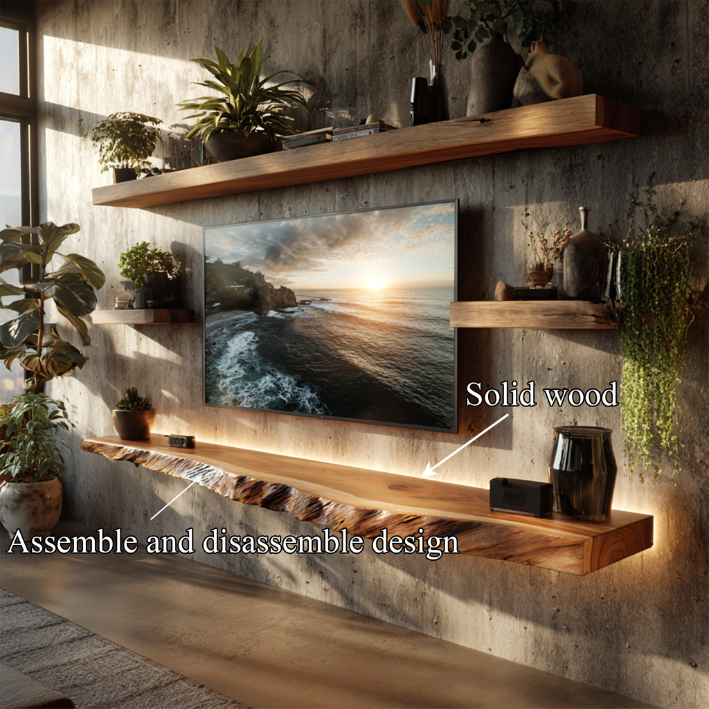 Artistic Live Edge Floating TV Shelf Solid Wood Living Room Interior Signature Furniture