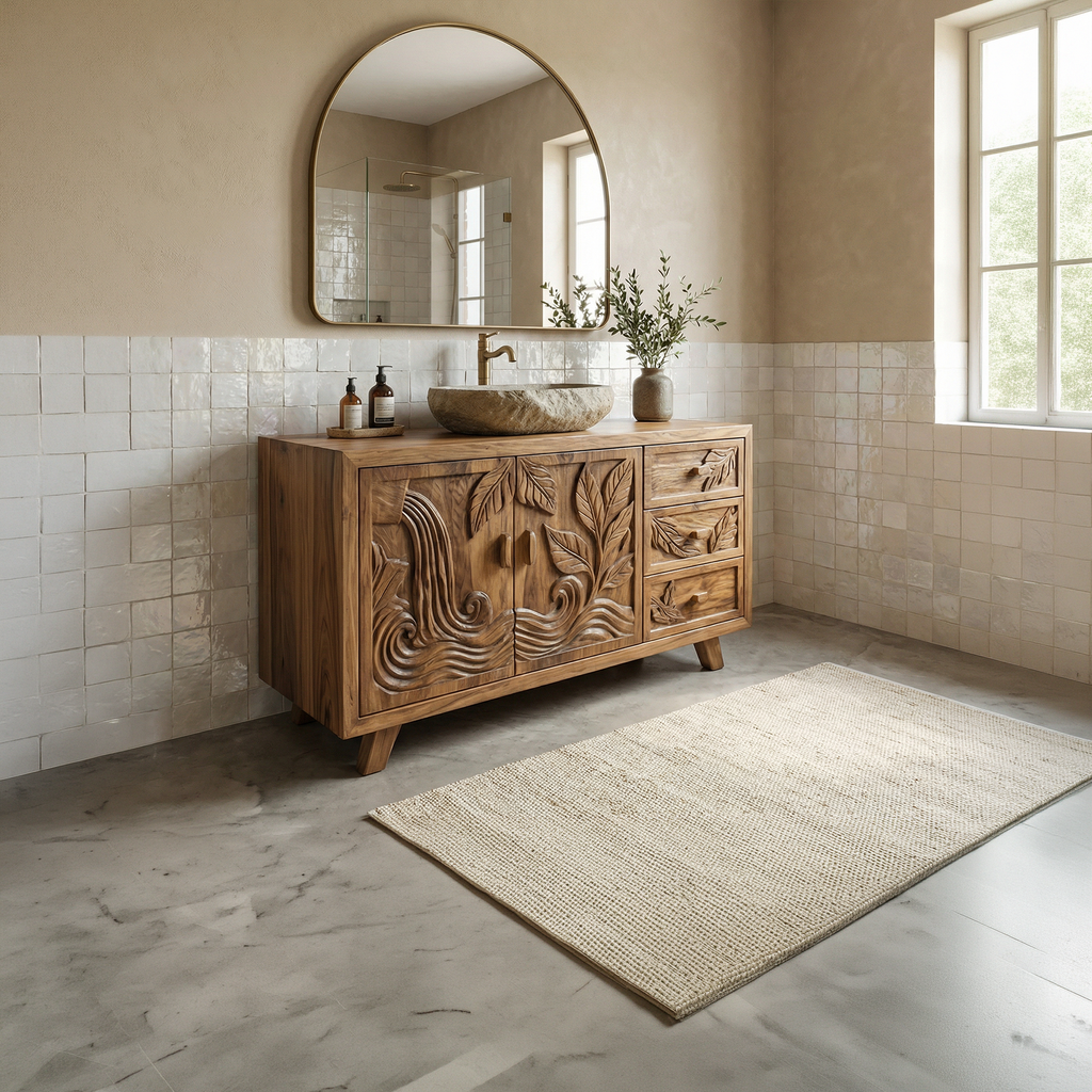 Bohemian Solid Wood Bathroom Vanity Leaf Carved Storage Cabinet - view 2