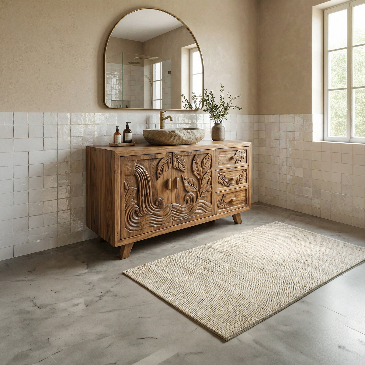 Bohemian Solid Wood Bathroom Vanity Leaf Carved Storage Cabinet - view 2