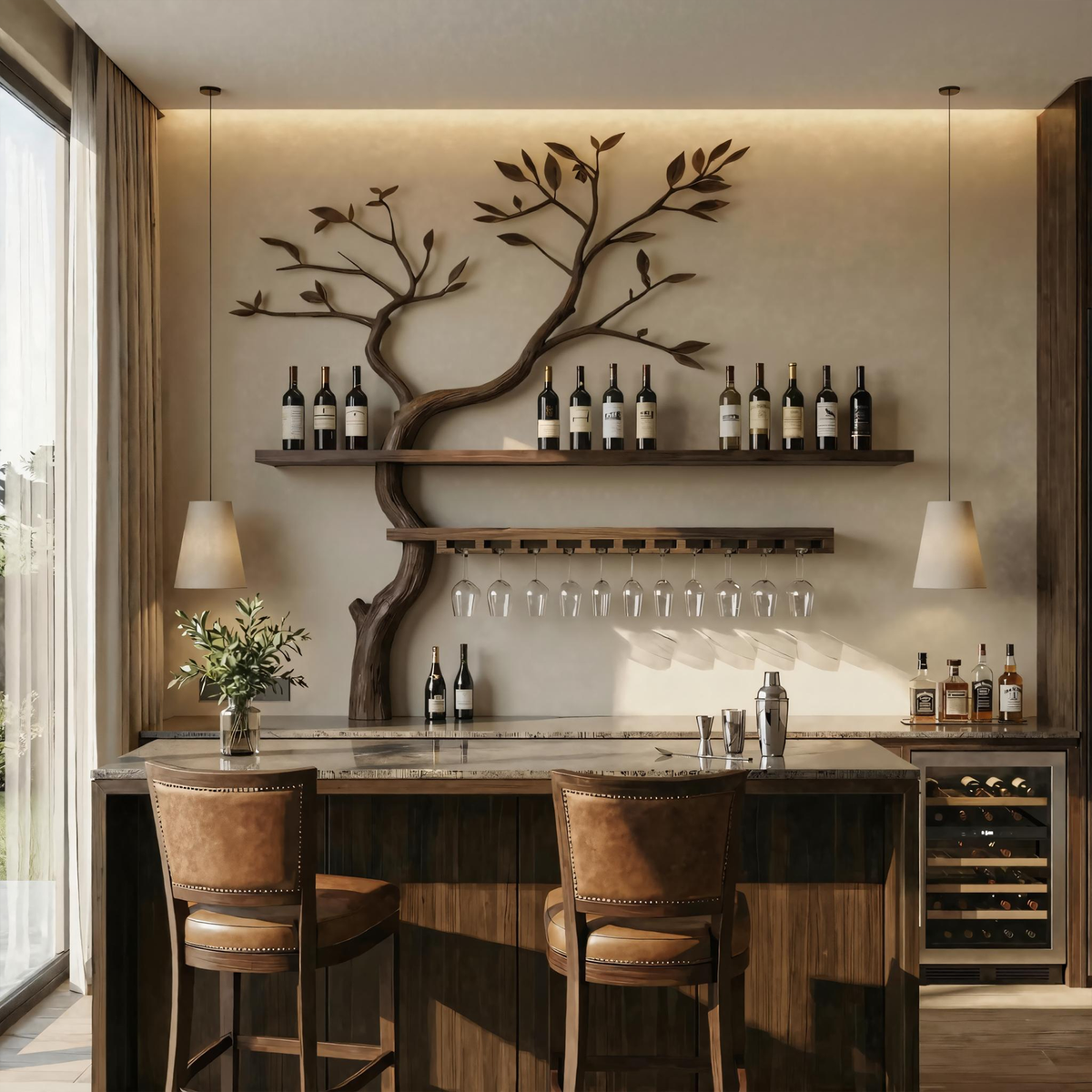 Artistic Tree Shaped Wooden Wall Wine Rack Bar Bottle Display Shelf Restaurant Bar Decor - view 2