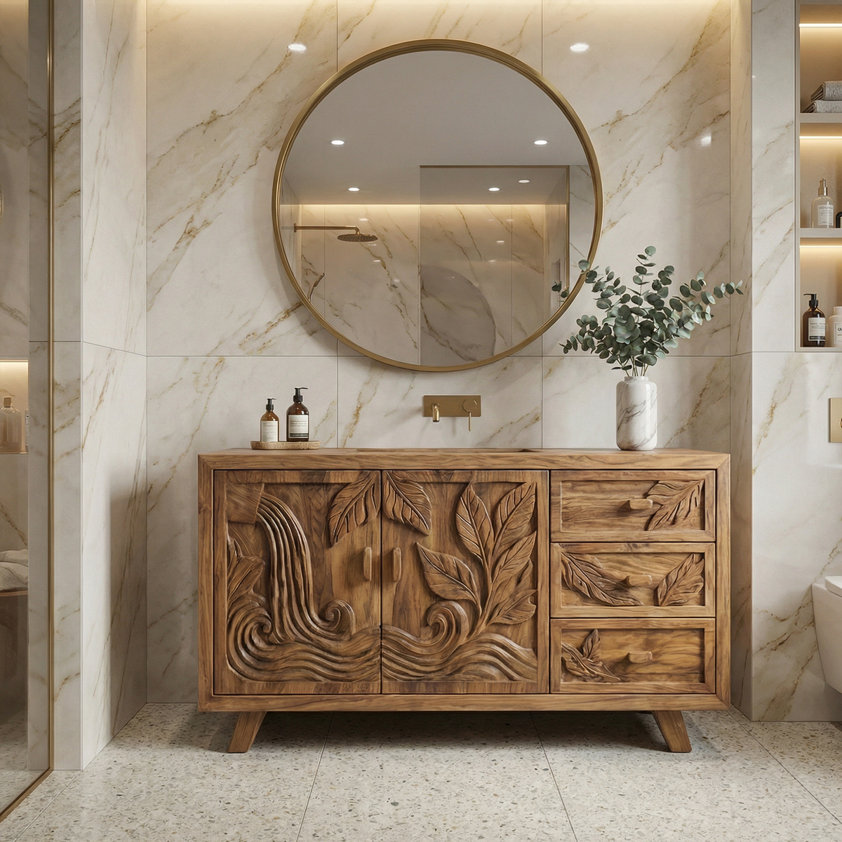 Bohemian Solid Wood Bathroom Vanity Leaf Carved Storage Cabinet