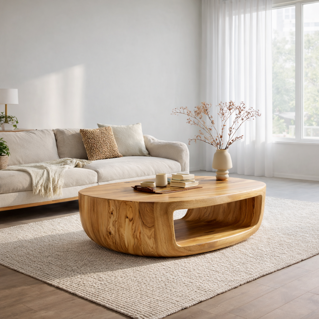 Curved Shell Solid Wood Coffee Table Calm Contemporary Living Room Interior - view 2