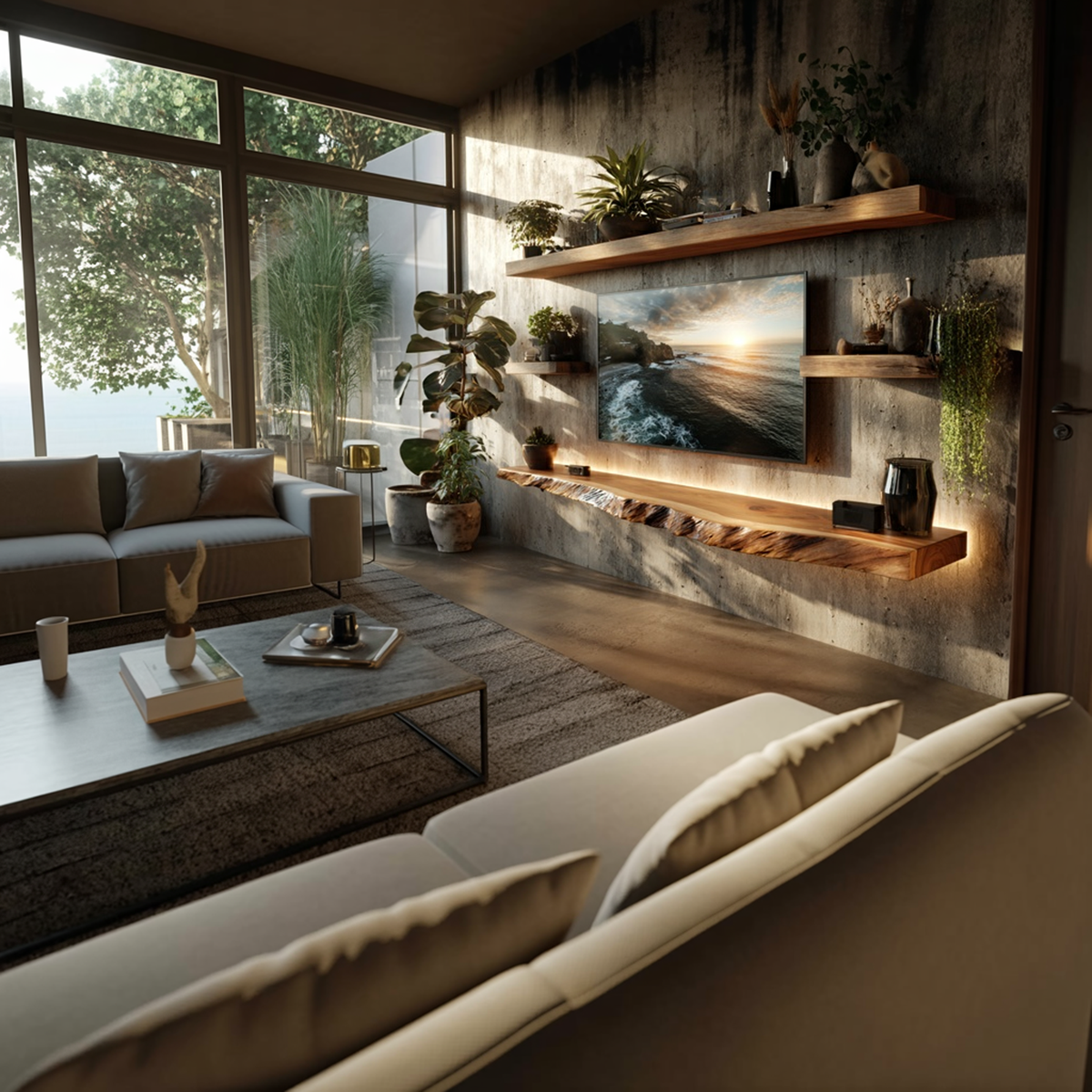 Artistic Live Edge Floating TV Shelf Solid Wood Living Room Interior Signature Furniture - view 2
