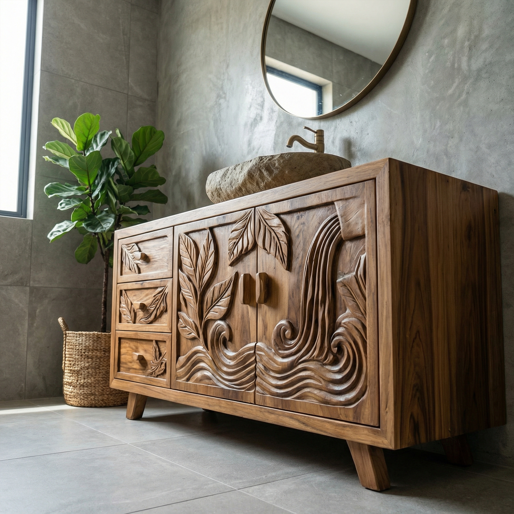 Bohemian Solid Wood Bathroom Vanity Leaf Carved Storage Cabinet - view 4