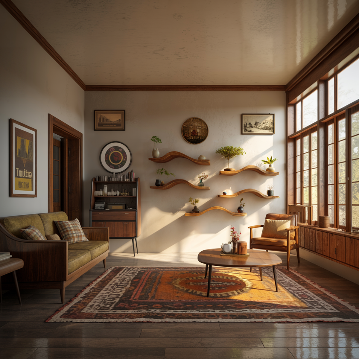 Curved Solid Wood Floating Shelves Organic Modern Living Room Interior